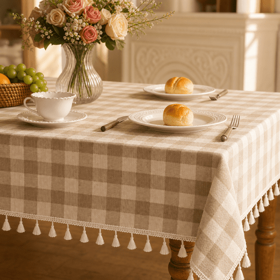 Beige Gingham Tablecloth With Tassels Ton Linen Checkered Plaid Table Cloth Farmhouse Cover For Dining Picnic Brunch & Summer Party Washable 55x55 Inch Square