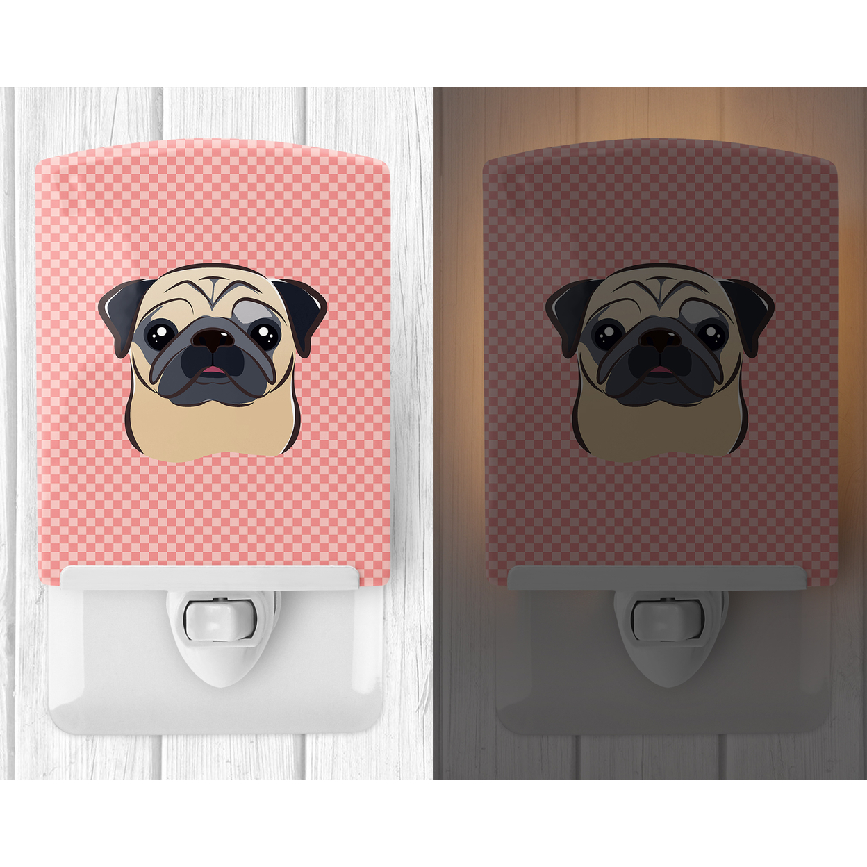 Caroline's Treasures BB1262CNL Checkerboard Pink Fawn Pug Ceramic Night Light, 6x4x3", multicolor