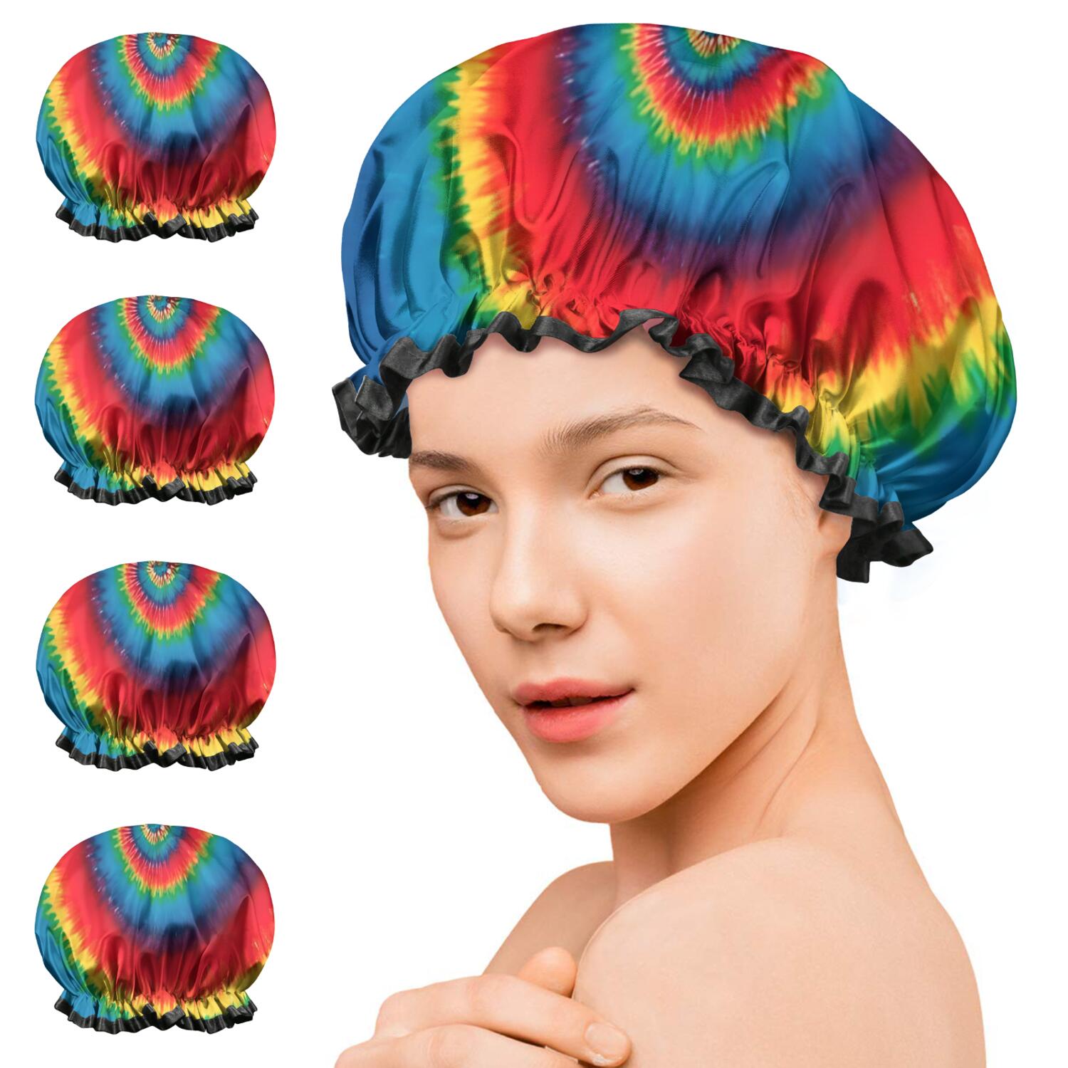 Shower Caps,Colorful Tie Dye Pattern Waterproof Shower Cap for Women 4 Pieces,Double Reusable Hair Cover for Shower PEVA Elastic Stretch Hem