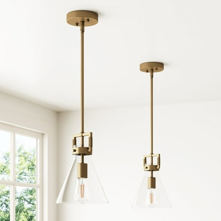 

Nathan James Vincent Glass Pendant Lighting Hanging Light Fixture with Adjustable Stem and Clear Shade Gold Set of 2