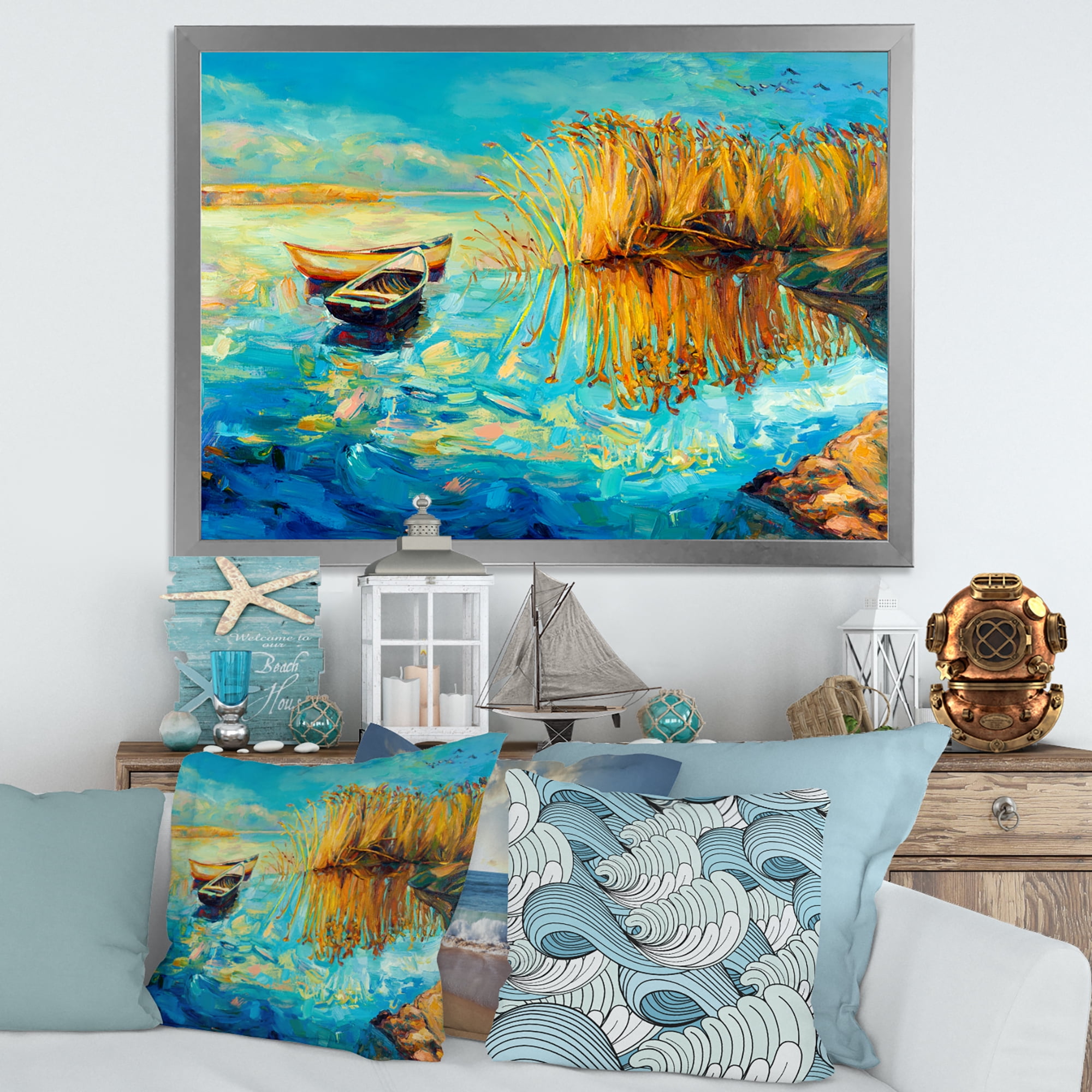 Orange Trees With Turquoise Lake During Sunset 32 in x 24 in Framed Painting Canvas Art Print, by Designart