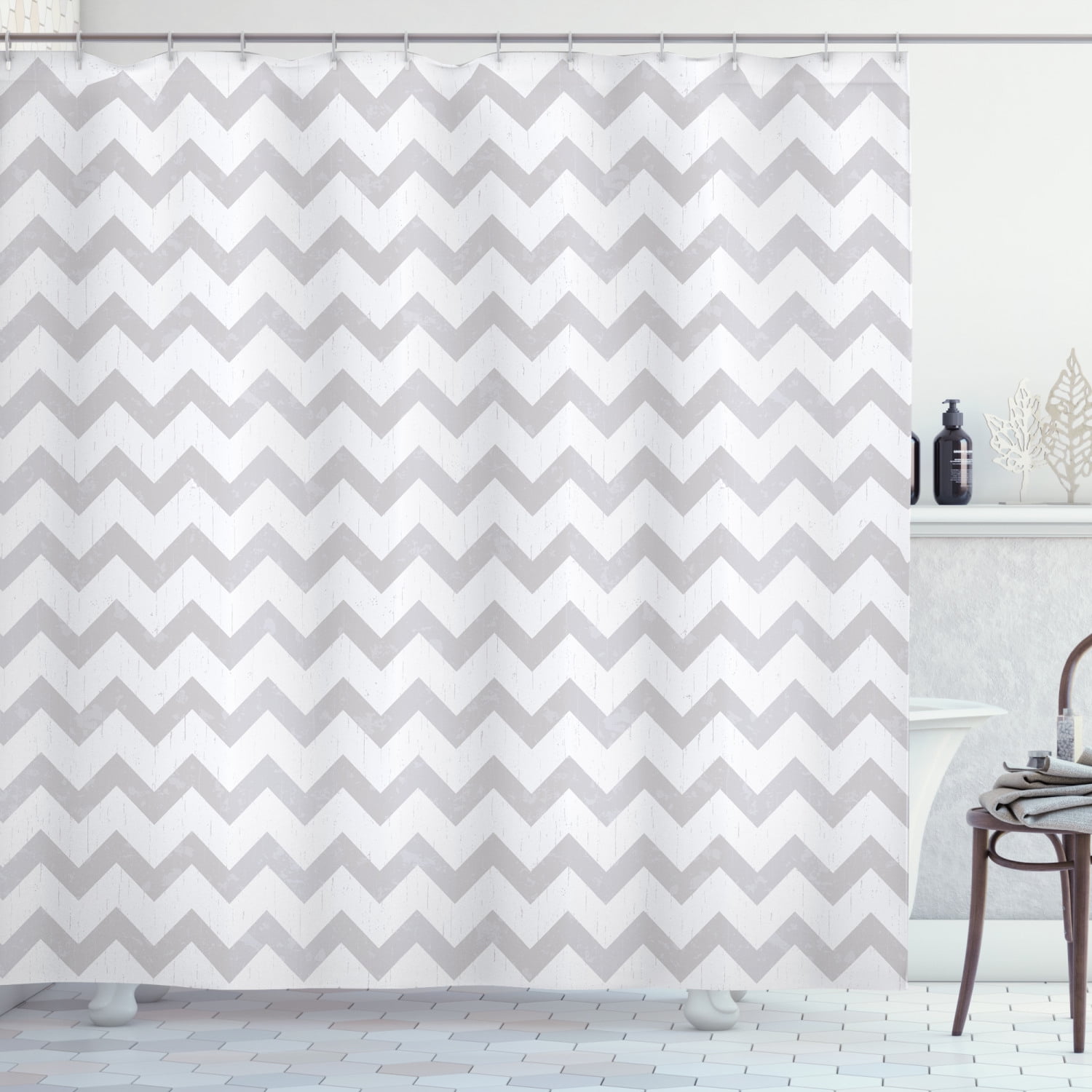 Grey and White Shower Curtain, Chevron Pattern Zigzag Geometrical Arrow