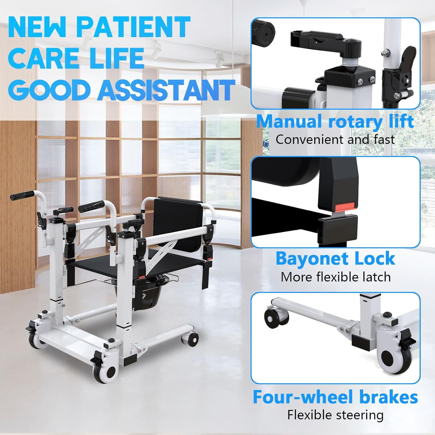 M optimized Patient Lift Transfer Chair, Hoyer Lifts for Home Use, Patient Lift for Home,Bathroom Wheelchair with 180° Split Seat and Potty, Portable Elderly Lift Bedside Commode Chair