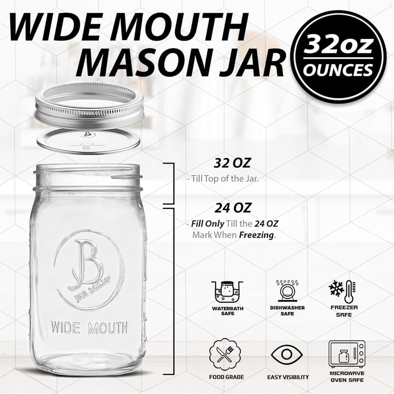 Jar Boss Wide Mouth Mason Jars, 32 oz Clear Glass, Airtight Lids, 4 Pack