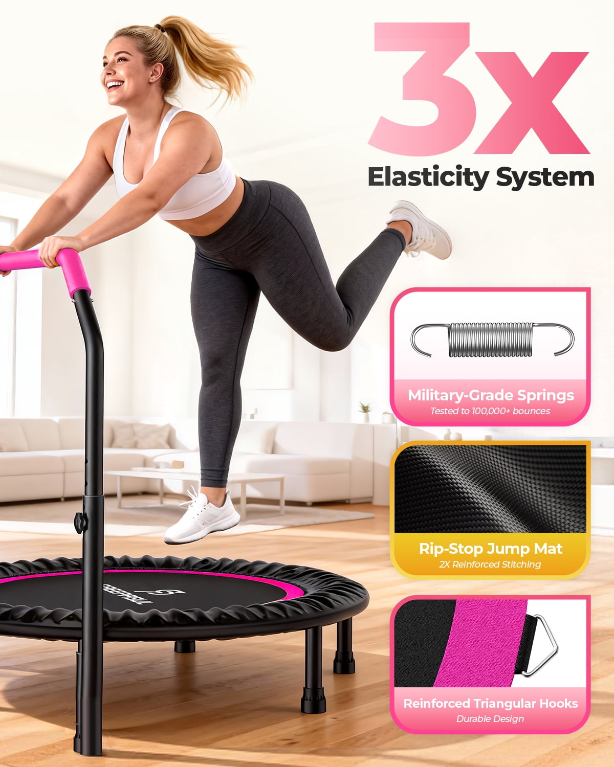 SAEEPABUL 40 Inch Mini Fitness Rebounder Trampoline with Adjustable Handle, Indoor Exercise Workout Trampoline for Adults, Max Load 330lbs Pink
