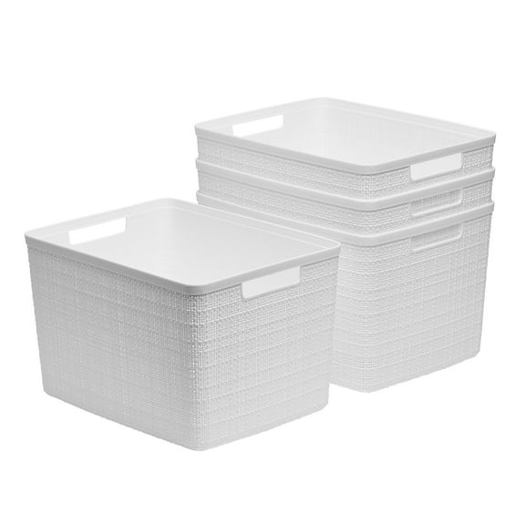 Curver Set of 4 Jute Basket Large Durable Resin Organization and Storage Basket Bin, White