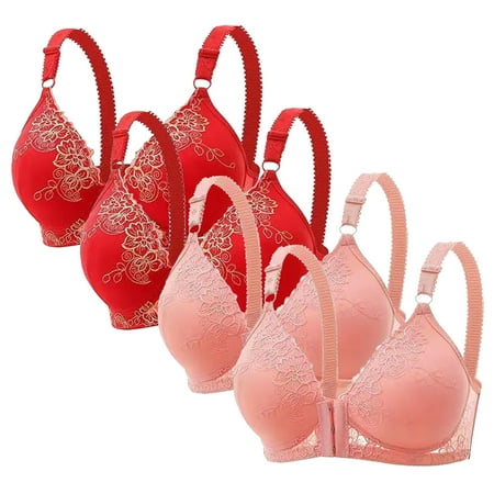 Elvqul Womens 4 Pack Bras Pink Push-Up Ladies Breathable Lace Underwear Nylon Soft Bras