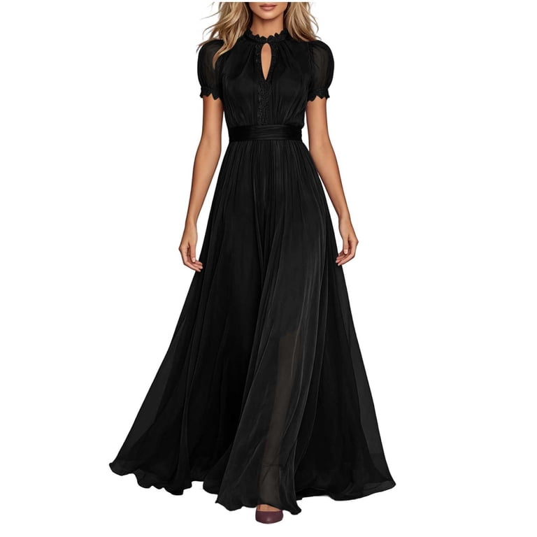 black bridesmaid dresses with colored sash Zveonl Women's Maxi Dress Solid Color Chiffon High Ruffle Neck Lace Puff Short Sleeve Satin Waist Flare Gown Slim for Early Fall Wedding Chicmi Dec 2021-RR Chic Skater Dress - Prom dresses Color:Powder Blue Print regular to tie the