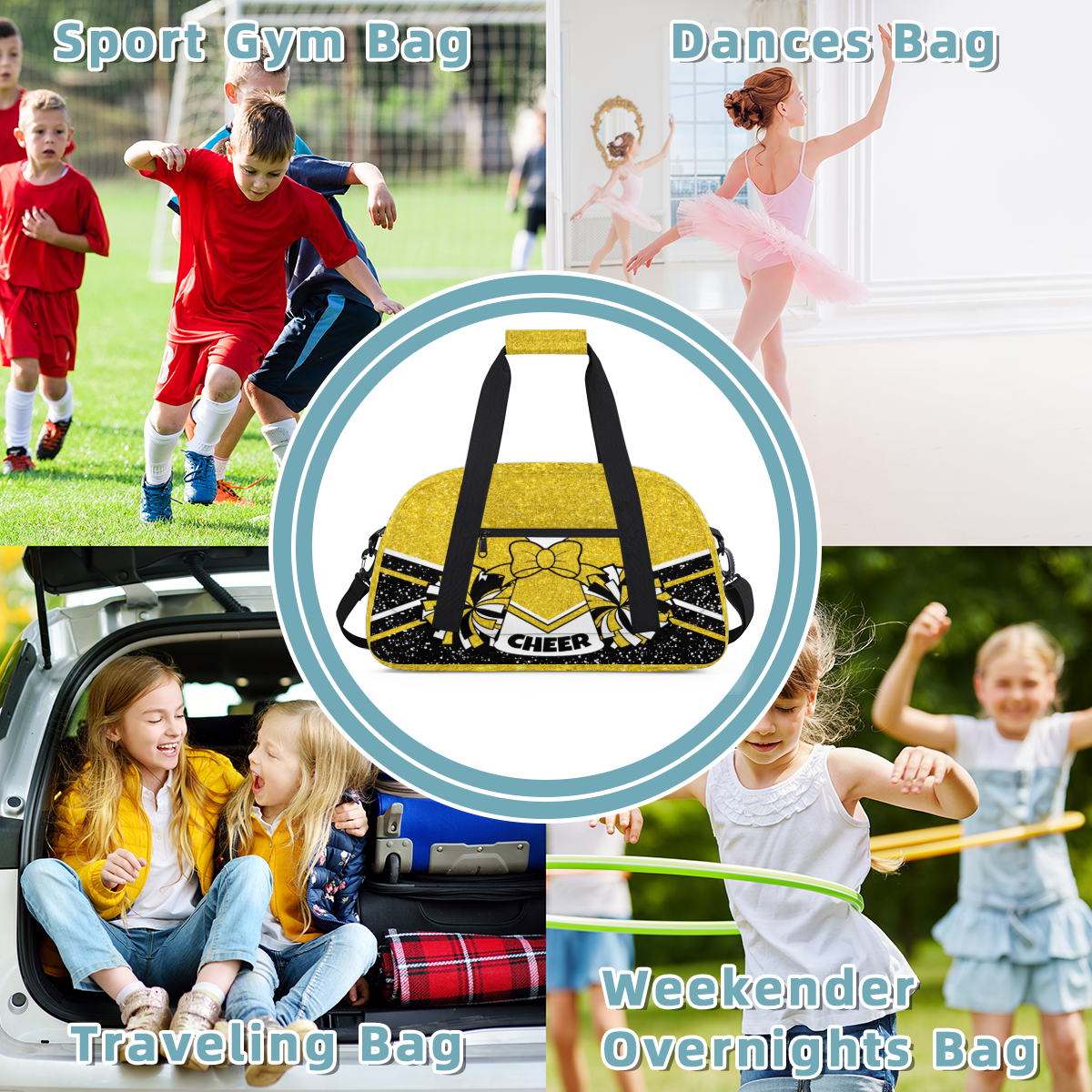 Herdesigns Cheerleading Bags Overnight Duffel Bags Cheer Gold Sport Gym Bag Travel Bag Travel Waterproof Weekender Bag Carry On Travel Tote Bag Dance Bags
