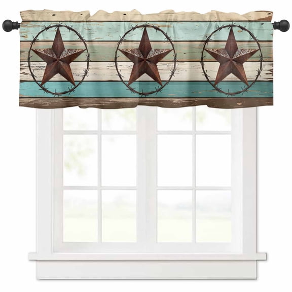 nqOlkjepod Texas Star Western Farmhouse Short Window Curtain Valances, Vintage Teal Brown Wooden Farmhouse Rod Pocket Kitchen Valances for Living Room Bedroom Bathroom Cafe, 1 Panel - 54" x 18"
