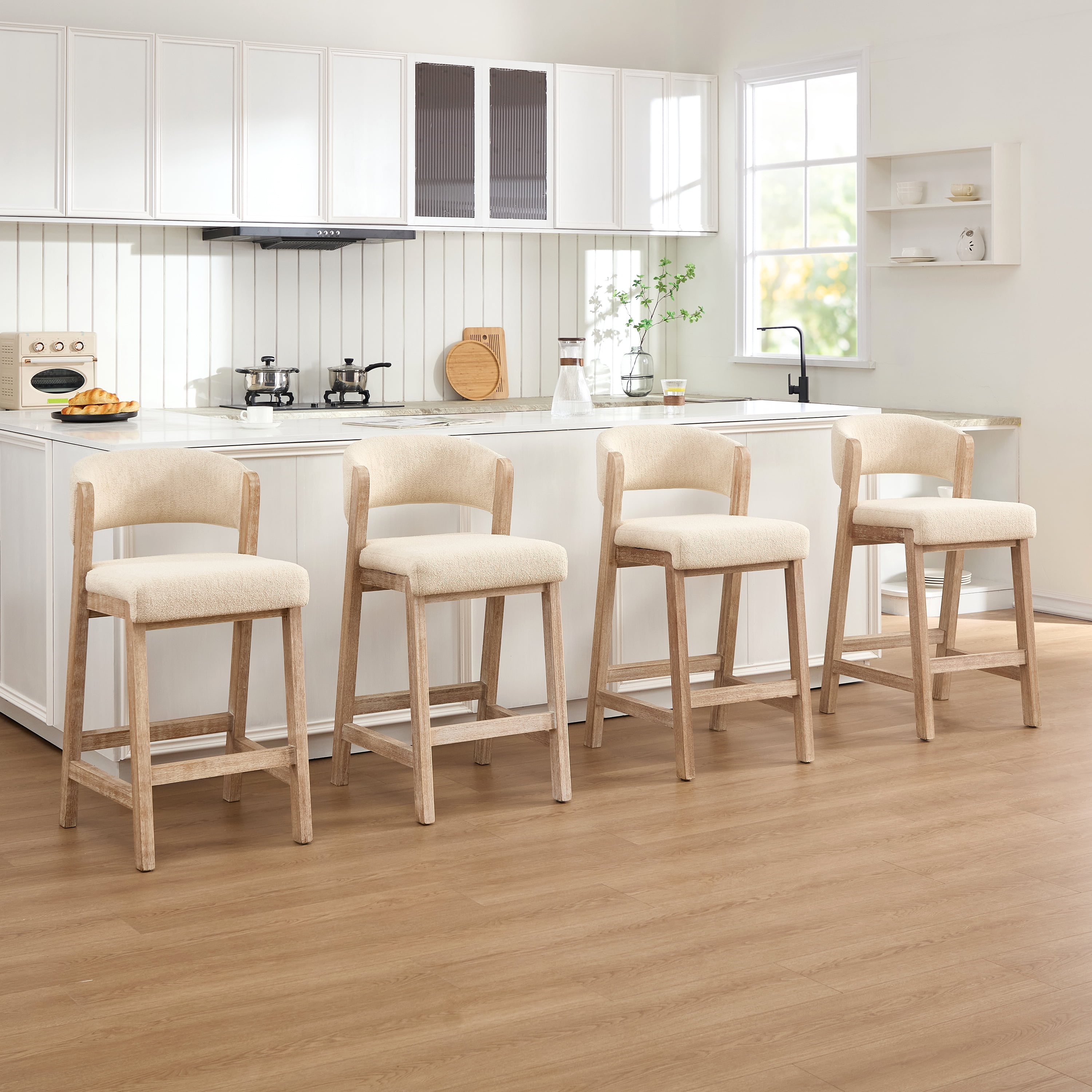 Zesthouse 26.2″ Counter Height Wooden Bar Stools Set of 2, Linen Upholstered Barstools with Curved Backs, Thick Cushion, Vintage Brushed Brown Wood Legs, Modern Bar Chairs for Kitchen Island, Beige