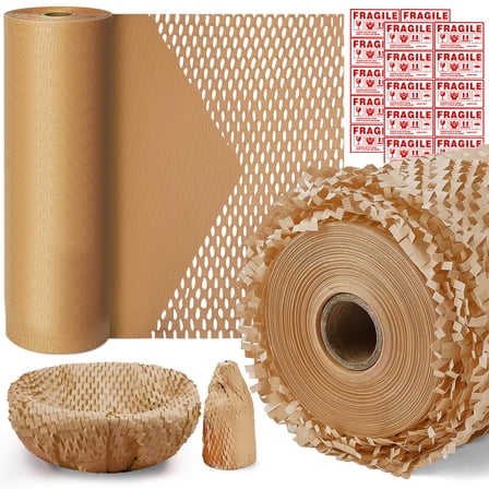 Teddy Run Honeycomb Packaging Paper, 15" W X 2010" L Bubble Cushioning Wrap For Moving, Products & Gifts Wrapping Paper, Cushioning Packing Material With 20 Fragile Sticker Labels