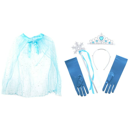 Pretend Play Dress Up Mozlly Blue Princess Twinkle Star Costume Cape and Mozlly Blue Ice Princess Tiara Wand and Gloves Set (4pc Set)