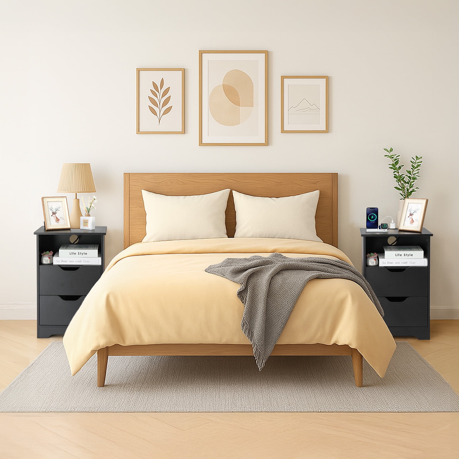 Ktaxon Set of 1 NightStand with Charging Station BedsideTable with 2 Storage Drawers,End Side for Bedroom,Country Style Black