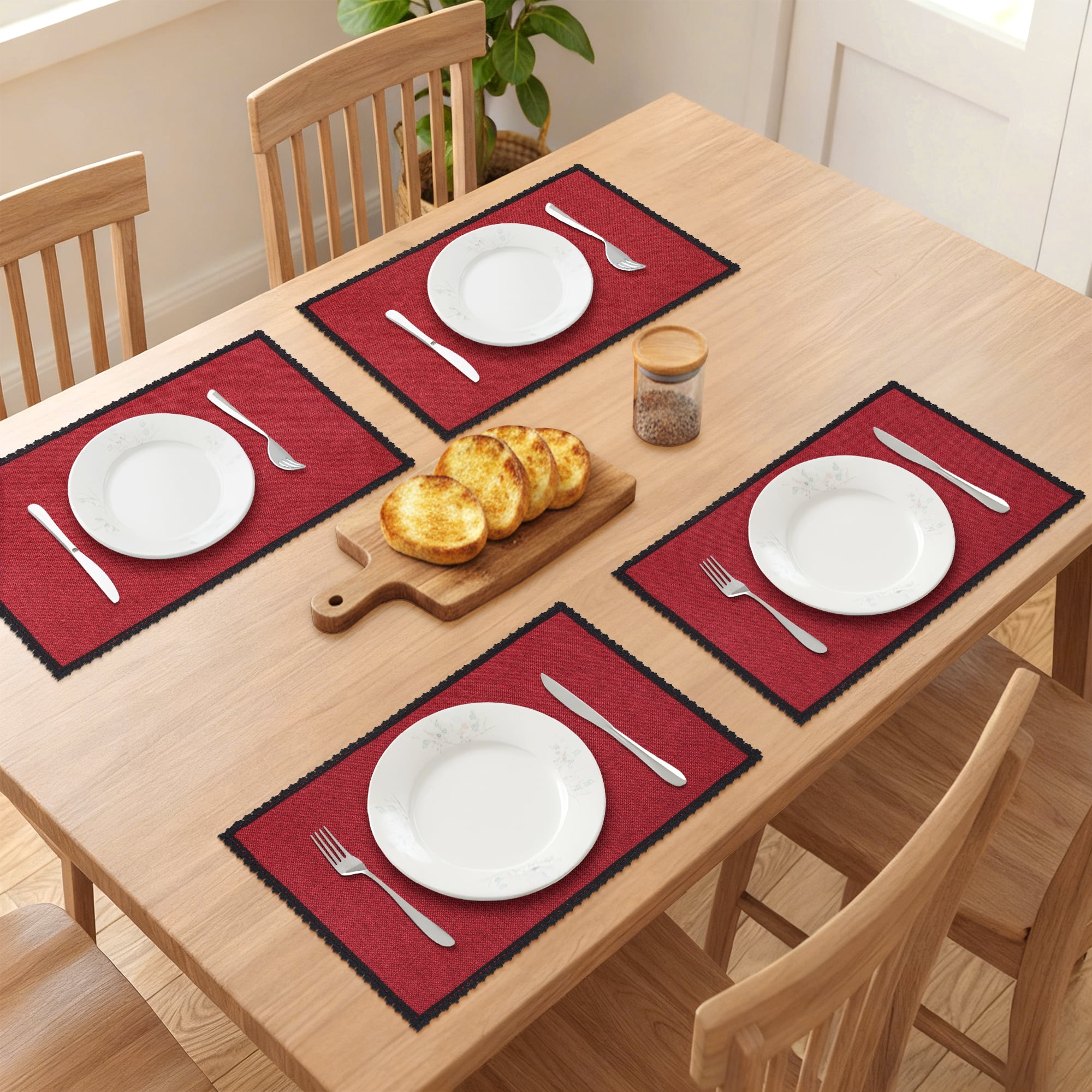 Unique Bargains Farmhouse Placemats 6pcs Cotton and Linen Burgundy 17.7"x11.8"