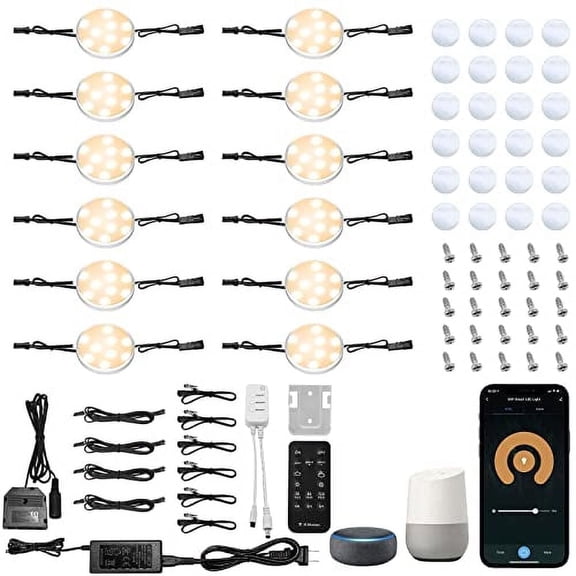 Smart Dimmable Under Cabinet Lighting - 12 Pack with Alexa and Google Assistant Compatibility, App and Remote Control, Wired Plug-in or Hardwired for Kitchen Counters