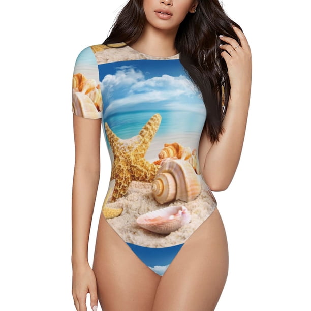 Balery Beach Starfish Shell Body de cuello redondo de manga corta para mujer Tops de manga corta Tops básicos-X-Large