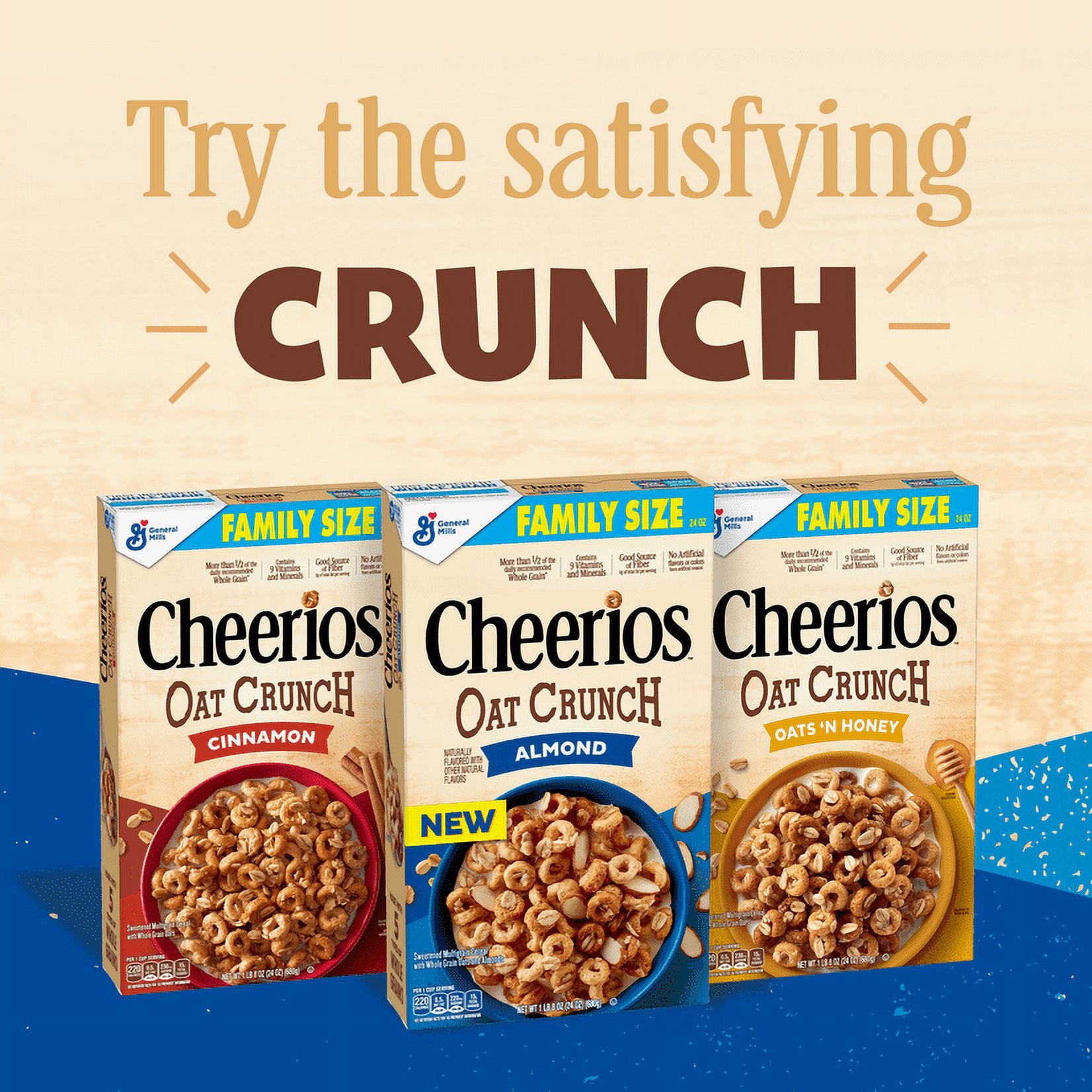 Cheerios Oat Crunch Oats & Honey Oat Breakfast Cereal, Family Size, 24 ...