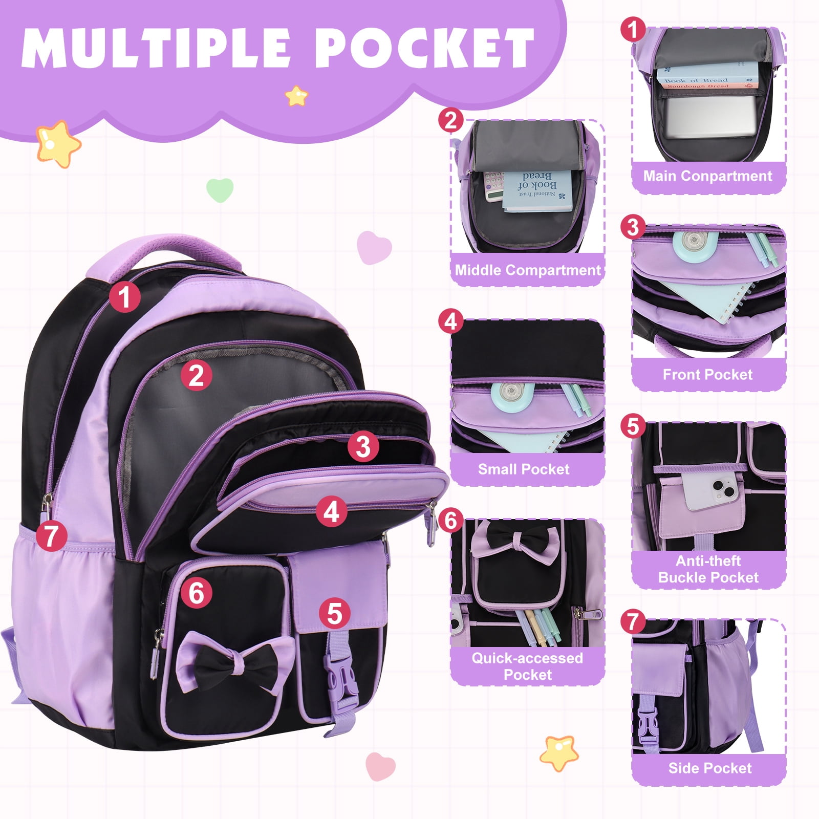 DAKIMOE School Backpack for Teens Cute Girlish Middle High School Bookbag Large Capacity Lightweight Waterproof Daypack for College Students, Black and Purple