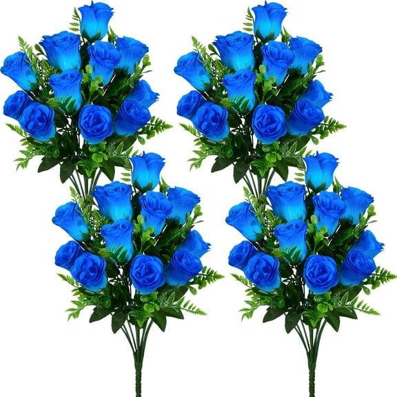 Artificial Rose Flowers Bouquet Realistic Silk Rose Fake Flowers for Wedding Home Centerpieces Party Cemetery Grave Decoration (4 Bouquets, Blue), White, Blue, Purple, Red, MGH12TB