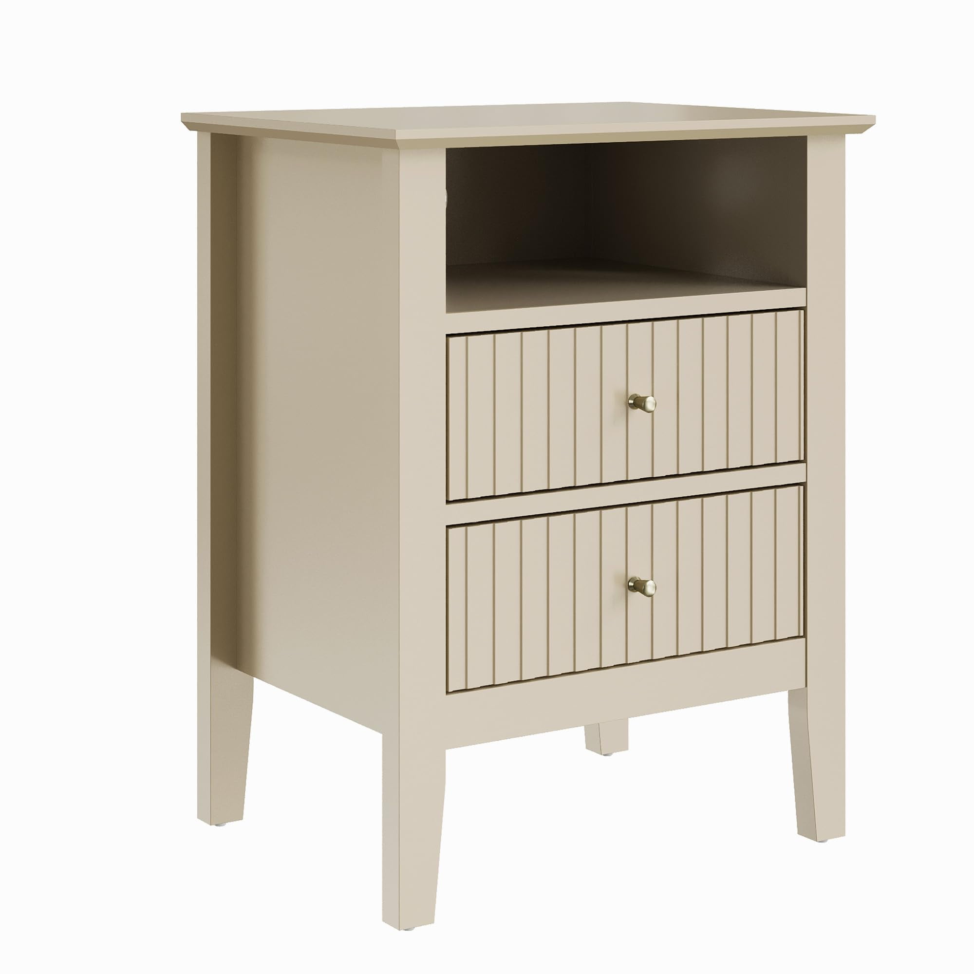 Heynemo Beige Fluted Nightstand with 2 Drawers Set of 2, Modern Wooden Sofa Table for Small Spaces, Tall End Table for Bedroom, Living Room