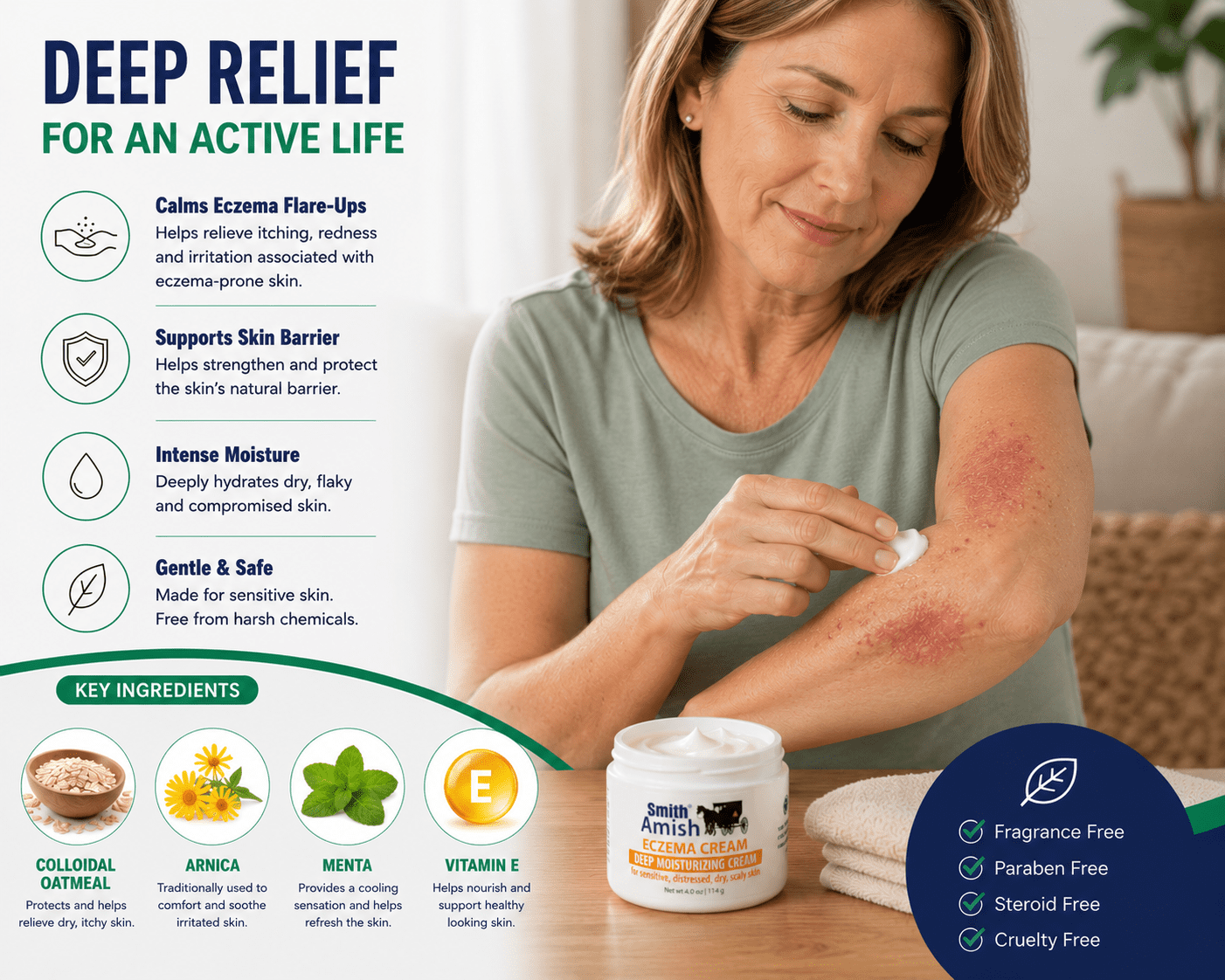 Smith Amish Eczema Cream, Colloidal Oatmeal Skin Protectant, Deep Moisturizing Cream for Dry Itchy Sensitive Skin, Non-Greasy OTC Relief, 4 oz.