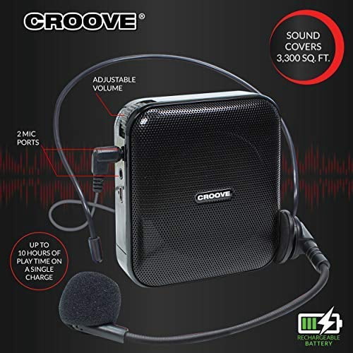 Croove Portable Rechargeable Voice Amplifier with Microphone, Headset, Belt Clip