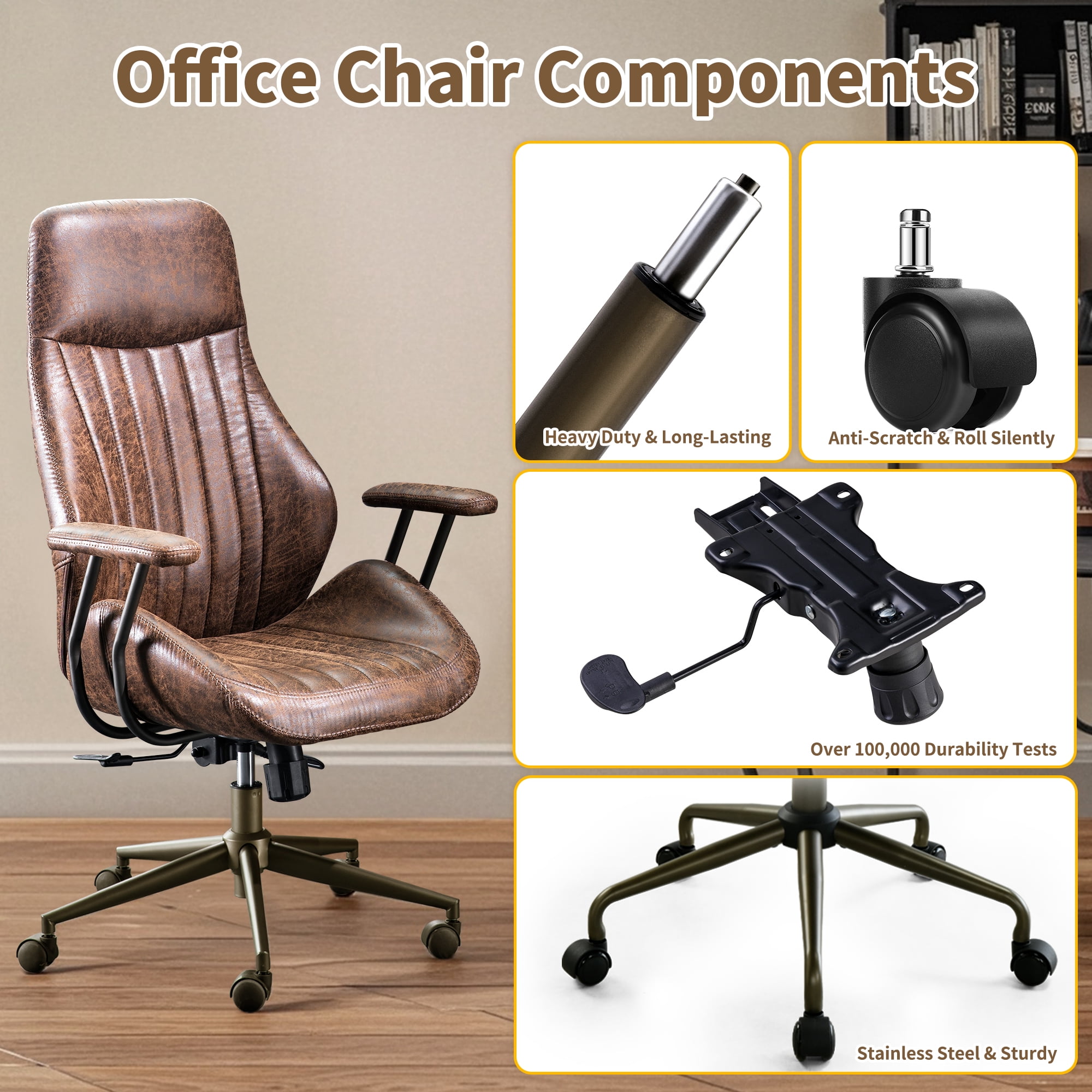 Toject Ergonomic Office Chair, High Back Comfy Home Office Chair with Lumbar Support, Mid-Century Modern Computer Executive Desk Chair with Padded Armrests (Suede Leather, Dark Brown)