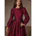 thumbnail image 2 of Multicolor Jacquard Round Neck Long Sleeve Waist-Gathered A-Line Midi Dress For Women, 2 of 6