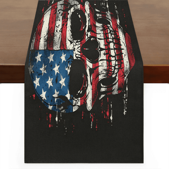 Qzaxky Table Runner Boho Table Runner Vintage American Flag Skull Bohemian Boho Outdoor Table Runner Decoration for Indoor Outdoor Home Dinner Party Wedding Decor 13 x 36 Inch