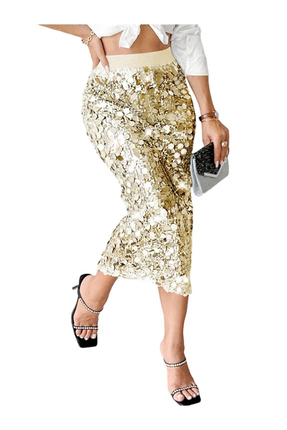 Sequin Skirt for Women High Waist Midi Skirt Sparkly Skirts for Night Out Cocktail Parties Gold XXL