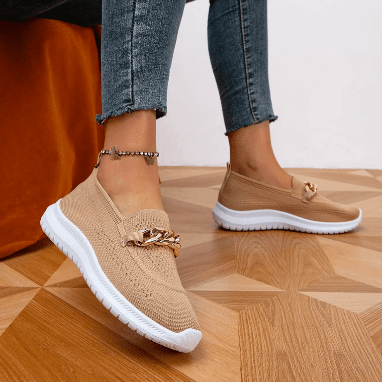 Metal Gold Chain Decor Slip-on Comfort Flat Nurse Loafers Women Shoes Non  Slip Shoes for Women Ladies Mesh Walking Shoes Fit Knit Breathable Womens  Shoes Dressy Casual Work Nursing Shoes 