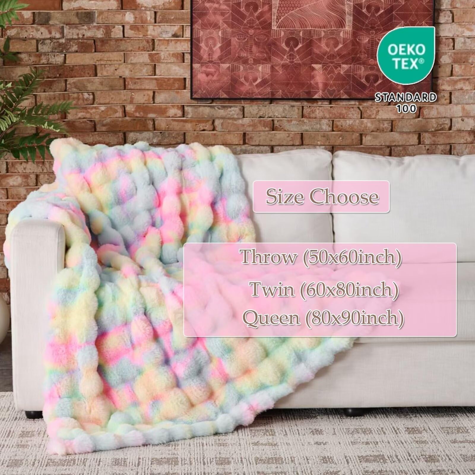 760GSM Faux Rabbit Faux Fur Throw Blanket,Super Thick Warm Bubble Blanket Throw,Fuzzy Luxury Plush Decorative Blanket for Couch Bed Sofa(Rainbow,80" x 90")