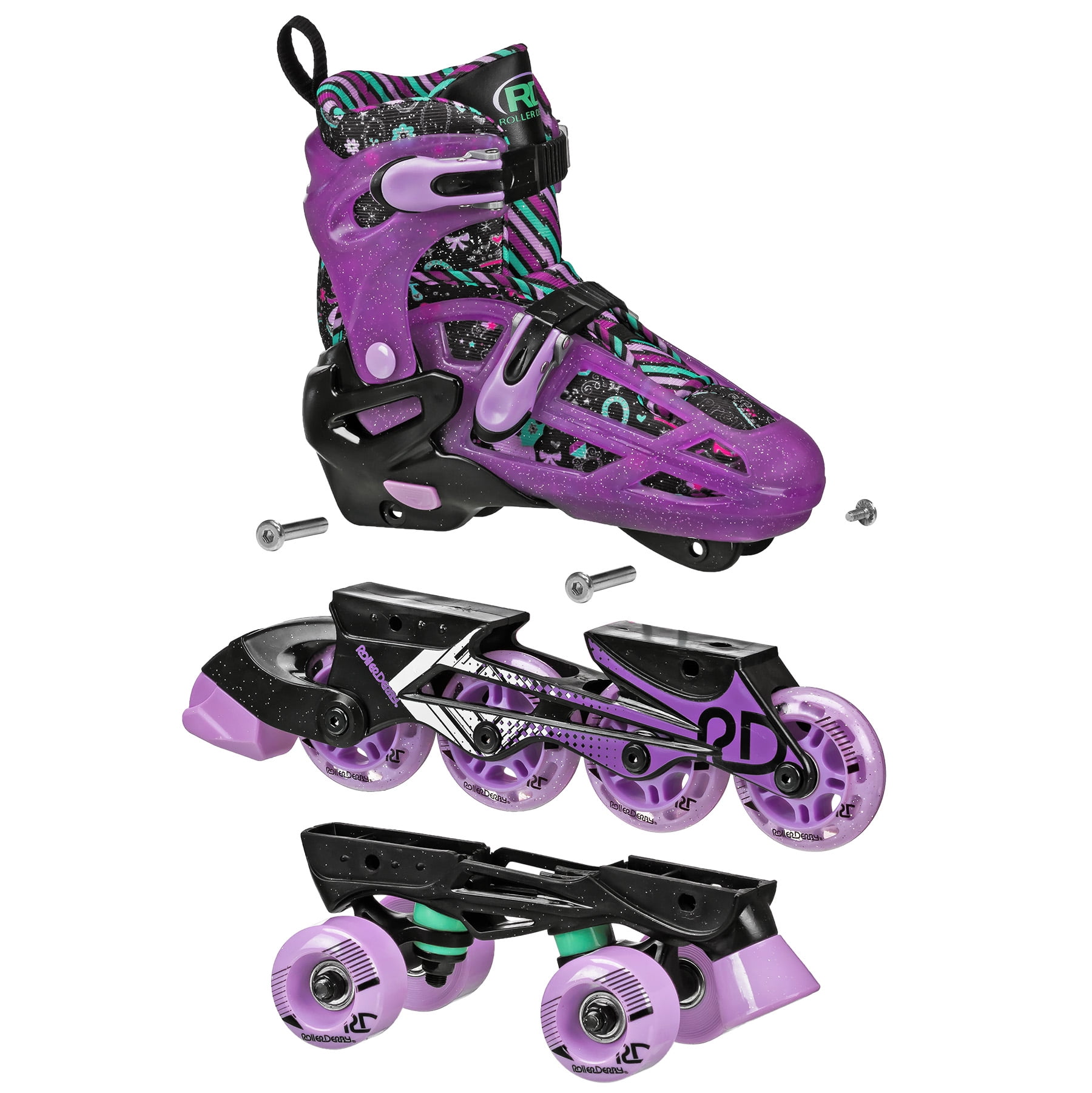 Roller Derby Falcon 2-in-1 Combo Adjustable Quad and Inline Skates, Black/Purple, Small