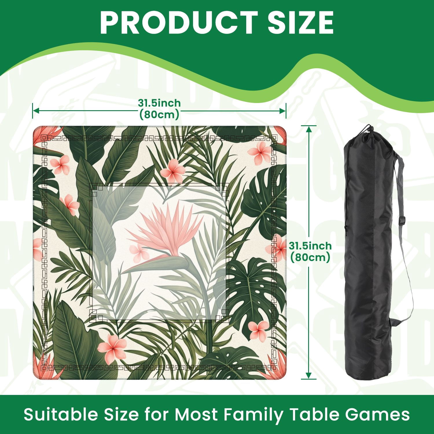 Mahjong Mat 31.5" x 31.5" Beach cheerful seamless tropical dark green leaves palm trees flowers Non-Slip Noise Reduction American Mahjong Tiles Table Cover for Dominoes Poker Card Board Games Gift