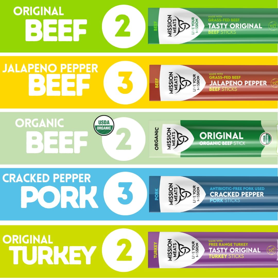 Mission Meats Variety Pack with Certified Organic Beef, Grass Fed, Free Range Turkey, and Cracked Pepper Pork – Gluten & Sugar Free, Whole 30 & Paleo Friendly, Delicious and Family Friendly (12ct)