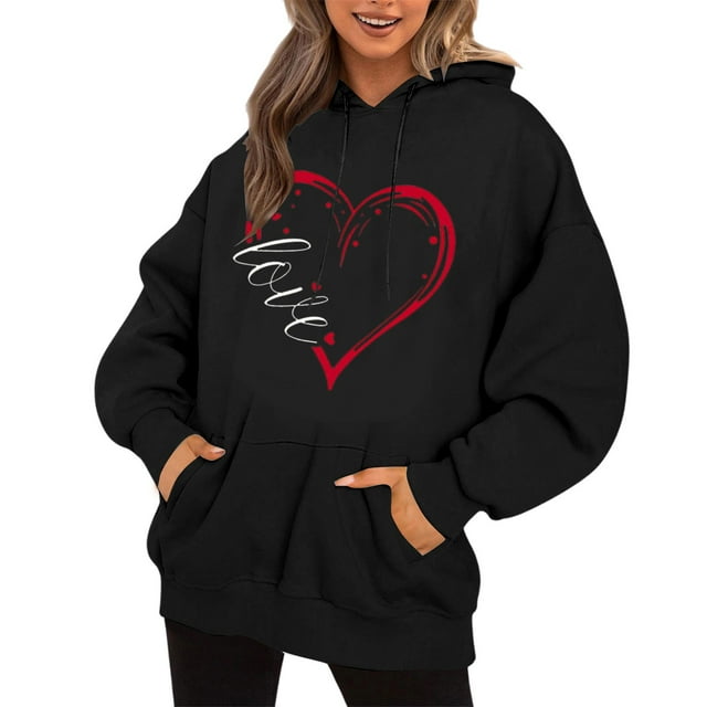 WEAIXIMIUNG Sweatshirts pour Femmes avec Poches Manches Longues Col Rond Poche Imprimé Cœur Saint-Valentin