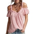 thumbnail image 2 of Womens Summer Cold Shoulder Tops Low Back Short Sleeve V Neck T Shirts Sexy Ruffle Casual Tops, 2 of 5
