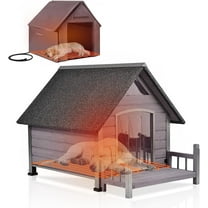 Heated Outdoor Dog House Large Weatherproof Dog Kennel with Heating Pad Elevated Floor and Porch Anti-Bite Design Puppy Shelter for Small Medium Dogs (Grey)
