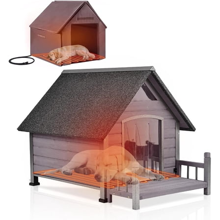 Heated Outdoor Dog House Large Weatherproof Dog Kennel with Heating Pad Elevated Floor and Porch Anti-Bite Design Puppy Shelter for Small Medium Dogs (Grey)