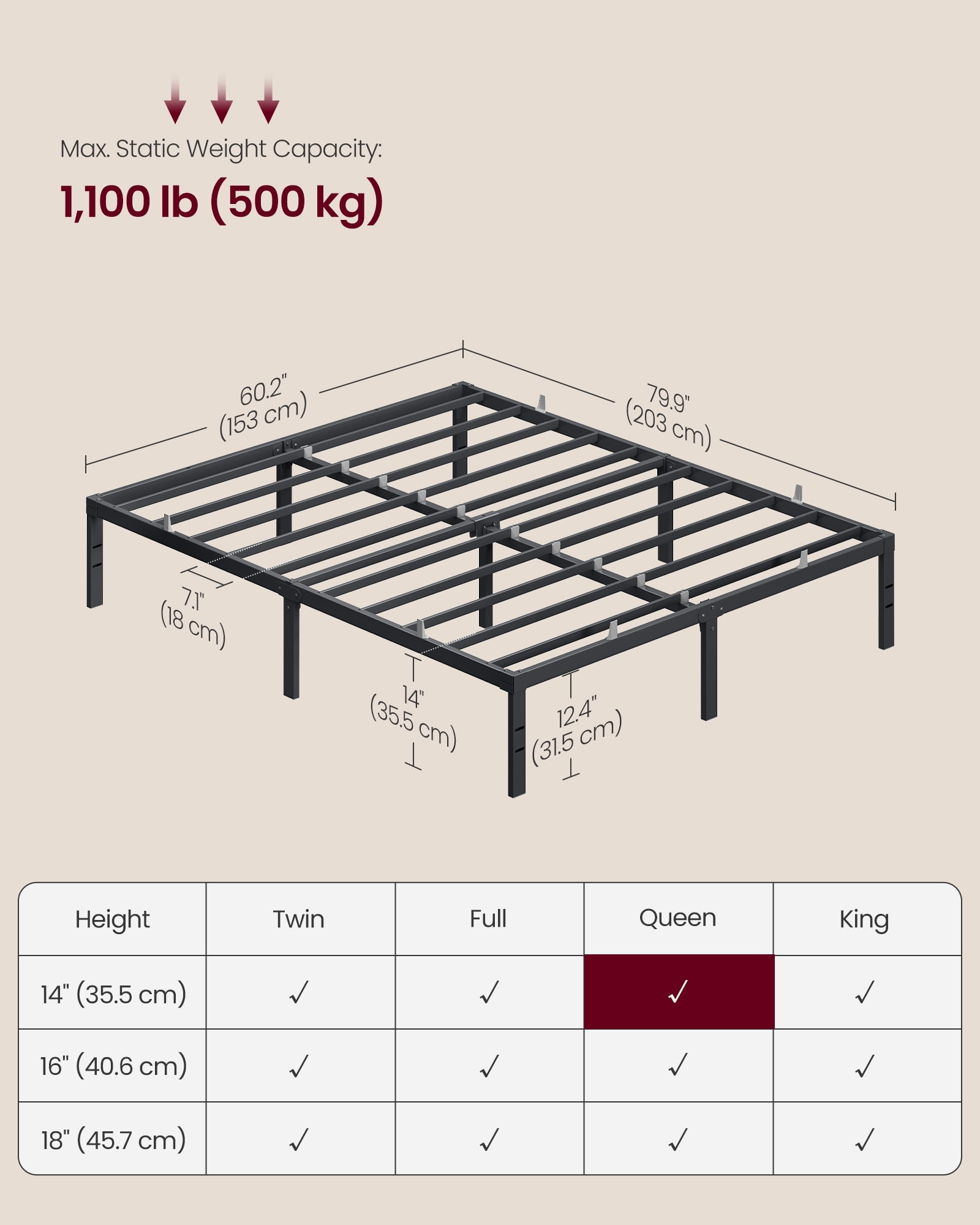 VASAGLE Queen Metal Bed Frame 14 Inches Tall, 1100 lb Weight Capacity, No Box Spring Needed, Under-Bed Storage, Easy Setup, Matte Black