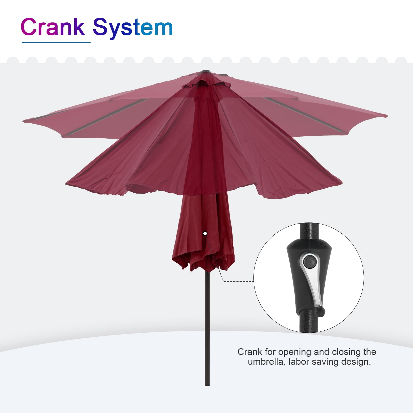 9ft Outdoor Patio Umbrella, with Push Button Tilt and Crank Sysytem, Sturdy Power Coated Frame, for Garden, Poolside, Deck and Backyard, Red