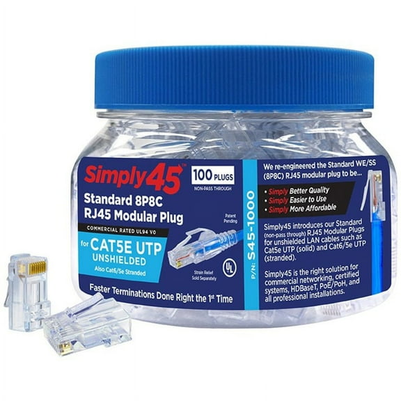 Simply45 Cat5e RJ45 Crimp Connectors, Solid 24AWG/Stranded 28-26AWG, Blue Tint, Jar 100 pieces