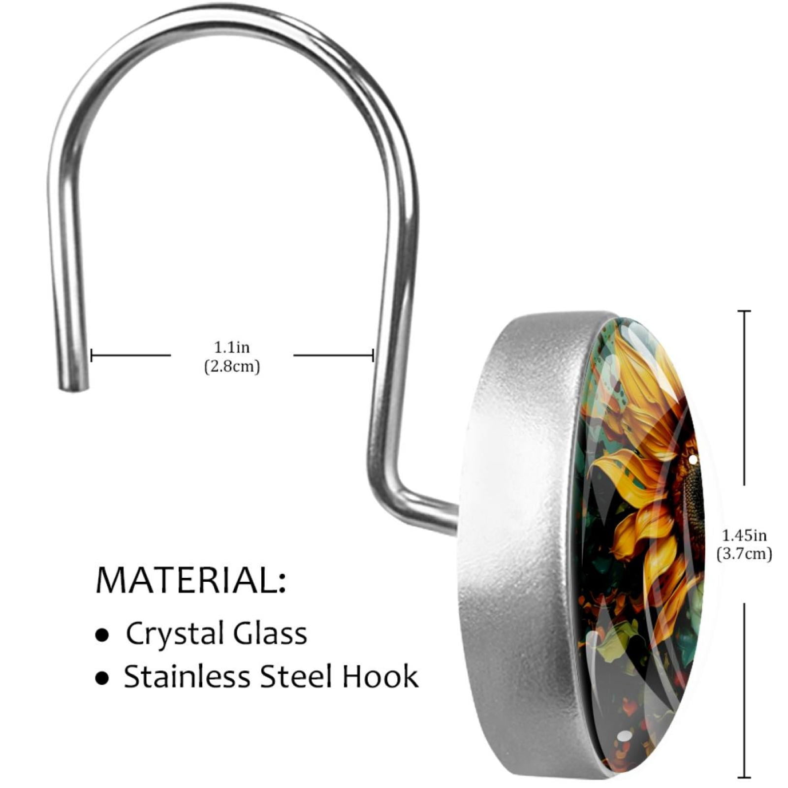 Sunflower Shower Curtain Hooks （Set of 12） for Home Hotel Shower Rods Bathroom Crystal Glass Print Stainless Steel Round Curtain Hooks