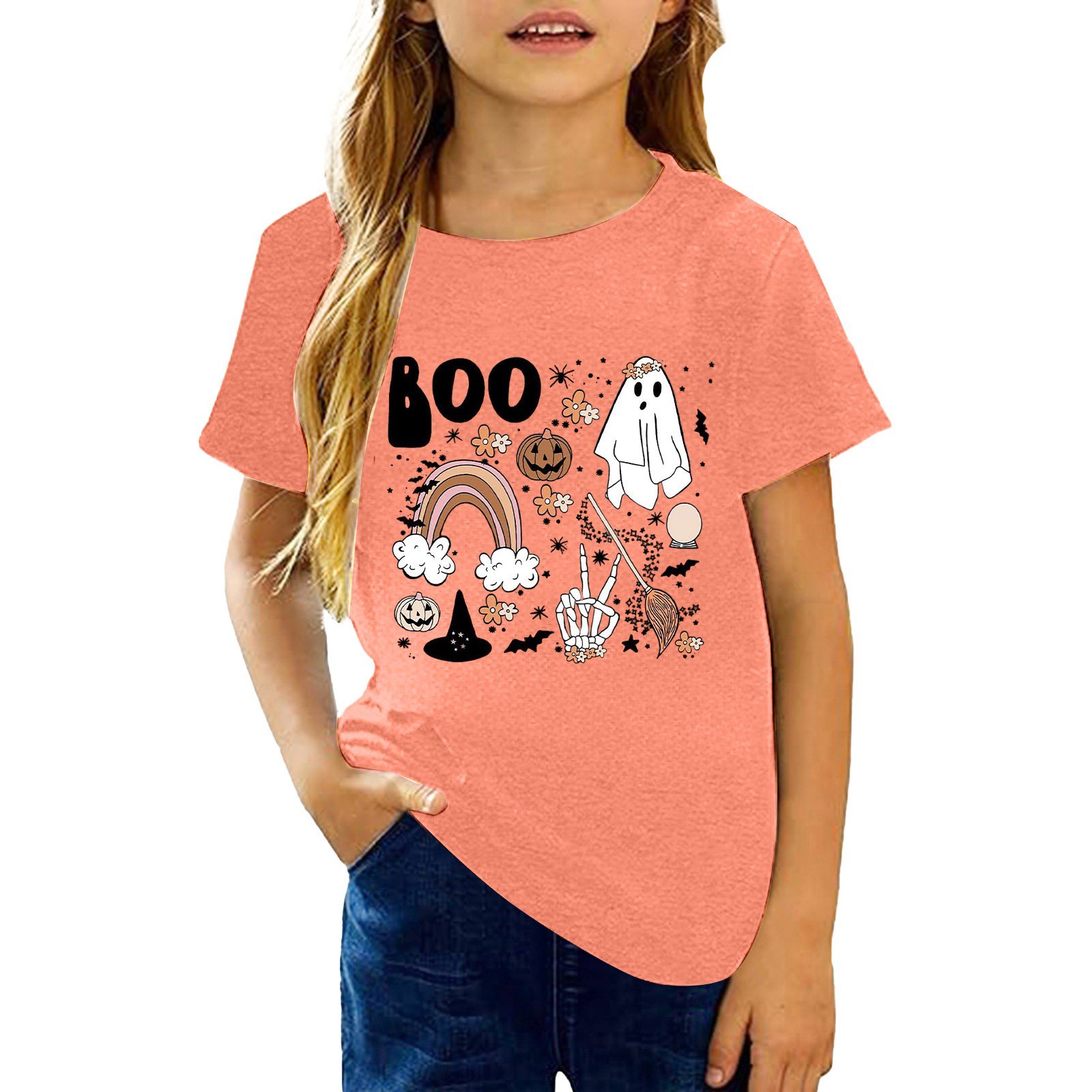 Oiyii Halloween Graphic T-Shirt for Toddler Girl Short Sleeve Round Neck Tee Boo Ghost Pumpkin Rainbow Print Youth Top Orange