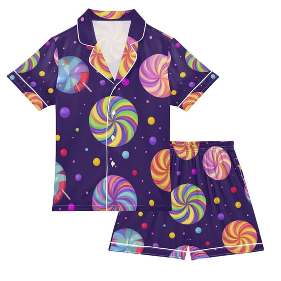 FORMRS Kids Short Sleeve Top and Pants Pajama Set Unisex Satin 2-Piece Sleepwear, Sizes 5-6Y, Candy Cosmic Swirls