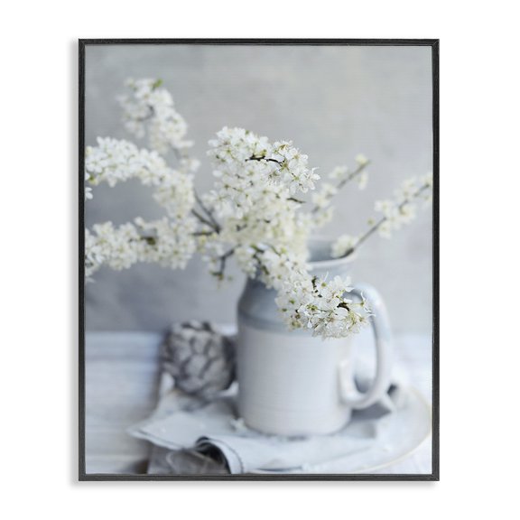 Stupell Industries Shabby Chic White Blossom Florals in Soft Country Mug Black Framed Giclee Art, 11 x 14, by Sarah Gardner