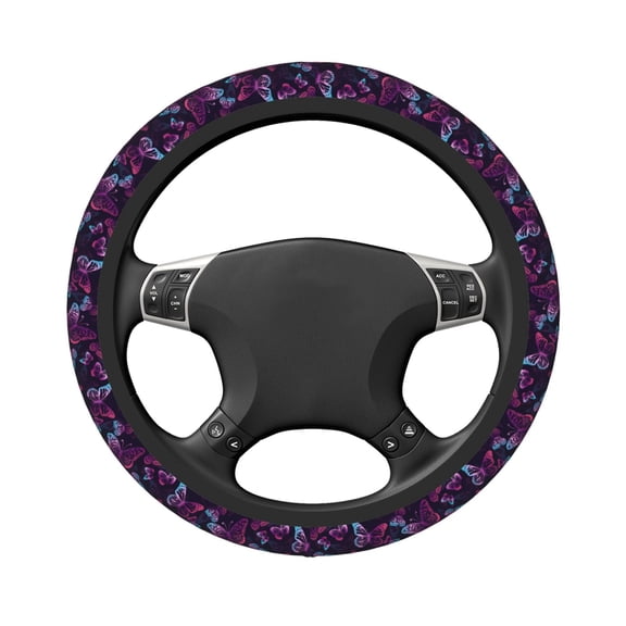 Uemuo Purple Butterfly Printed Car Elastic Steering Wheel Cover - Universal Car Accessory for Diverse Cars Anti-Slip, and Comfortable- 15"