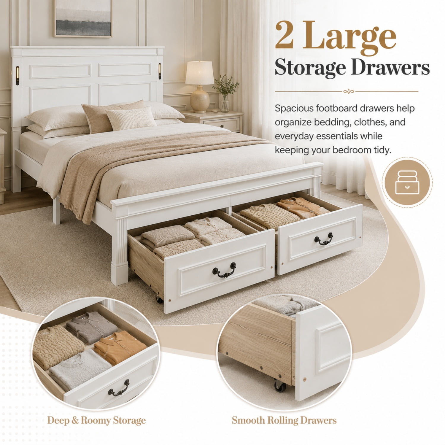 Miniyam Queen Farmhouse Storage Bed Frame with LED Headboard, USB & Type-C Charging, 2 Drawers, White