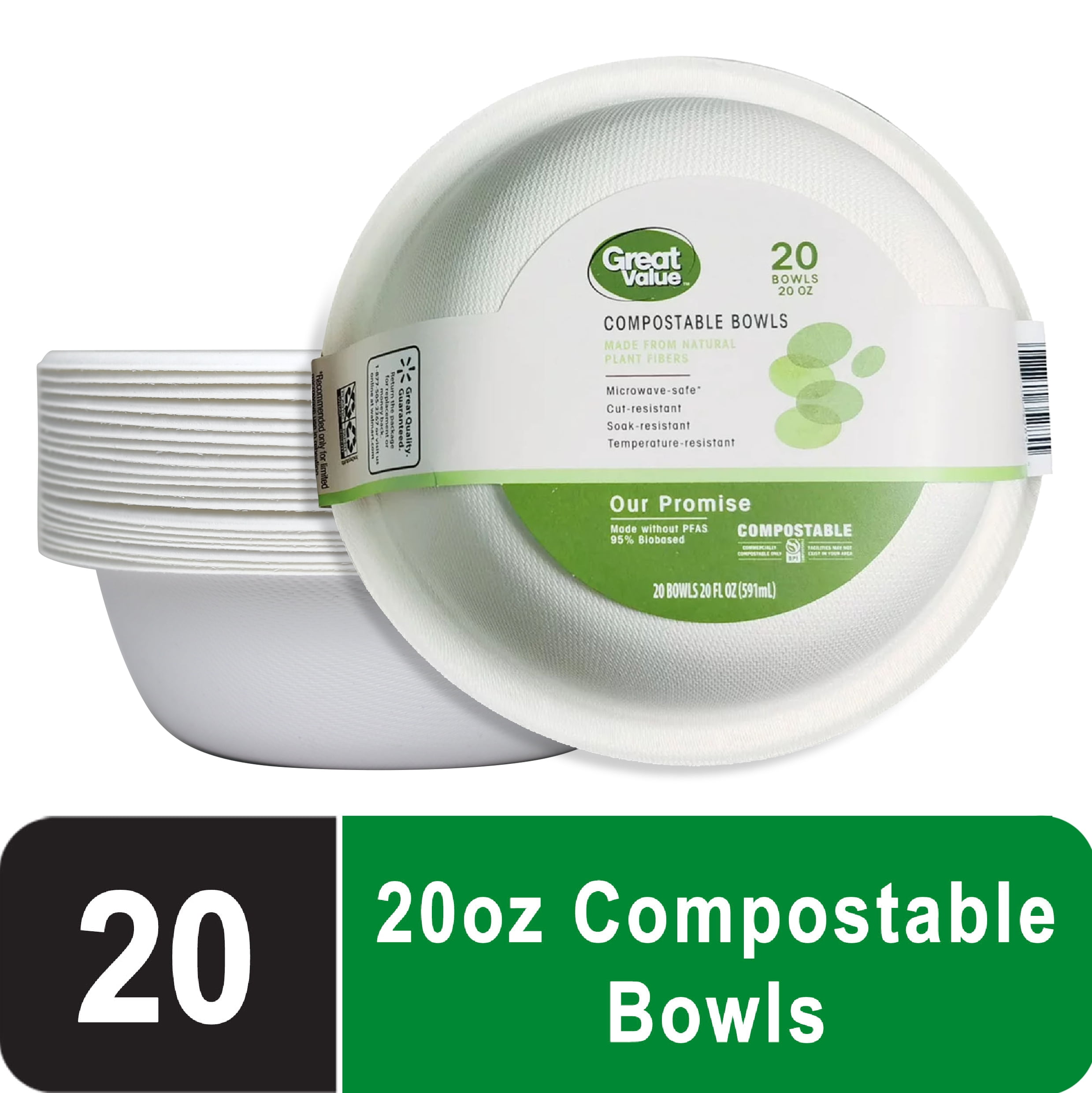 (4 pack) Great Value Compostable, Microwave Safe, Cut Resistant, Soak Resistant, Temperature Resistant, Disposable Paper Bowls, 20 oz, White, 20 Count